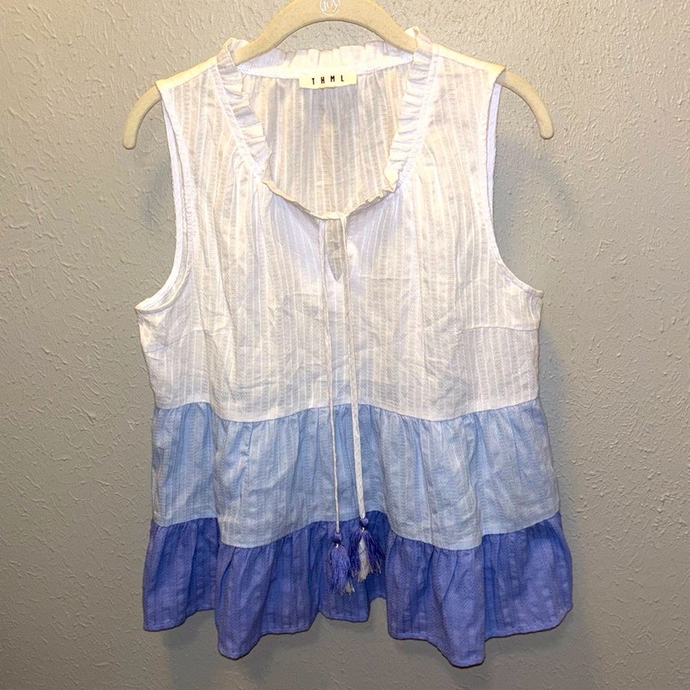 THML White to Light Blue Tiered Sleeveless Ruffle Tie Front Blouse